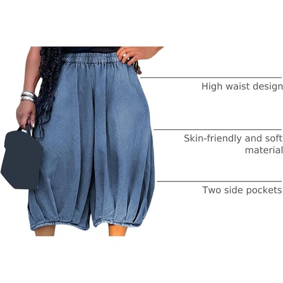 Women's Cropped Elastic Waist Denim Pants Loose Baggy Wide Leg Trousers - Picture 4 of 9